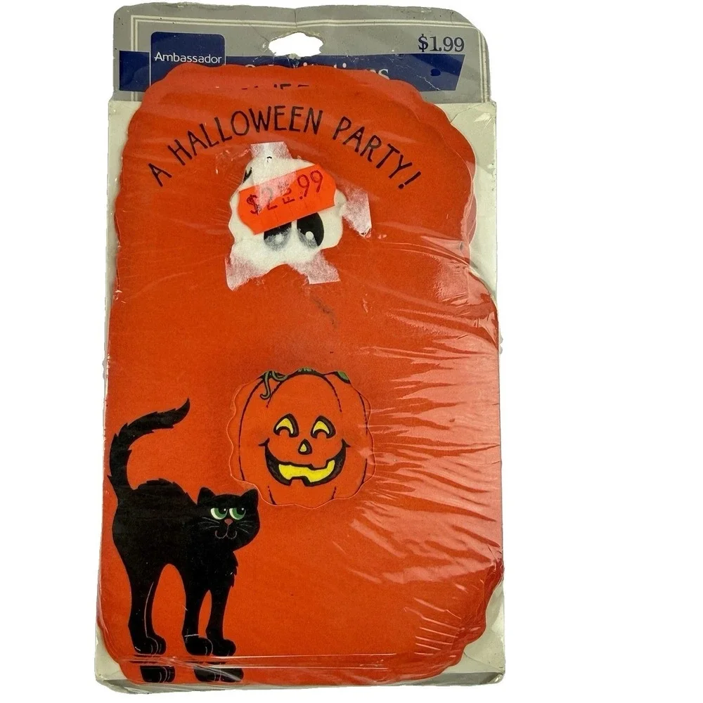 8 Vintage Hallmark Halloween Party Invitations Cards Die Cut Cat Ghost Pumpkin